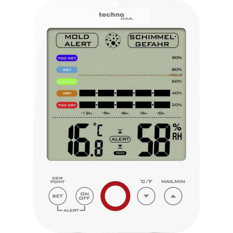 foto del prodotto techno line ws 9422 igrometro 20 ur 95 ur indicatore punto di rugiada e allerta muffa