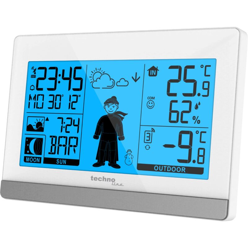 foto del prodotto technoline ws9612 in bianco, con temperatura interna ed esterna, previsioni meteo, orologio radio