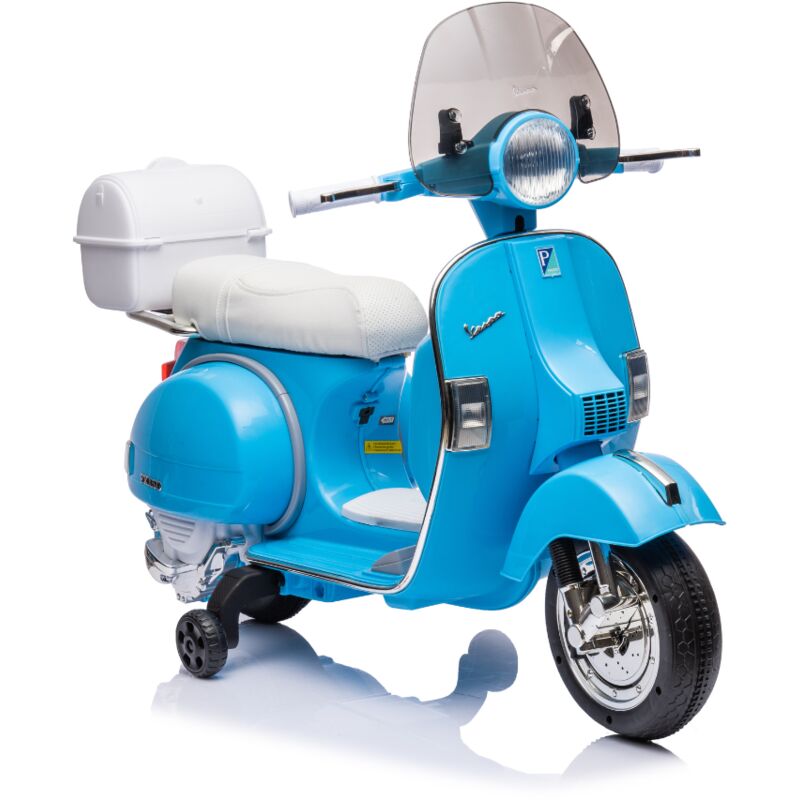 foto del prodotto tecnobike shop moto scooter elettrico per bambini piaggio vespa px150 full con parabrezza e bauletto 12v blu