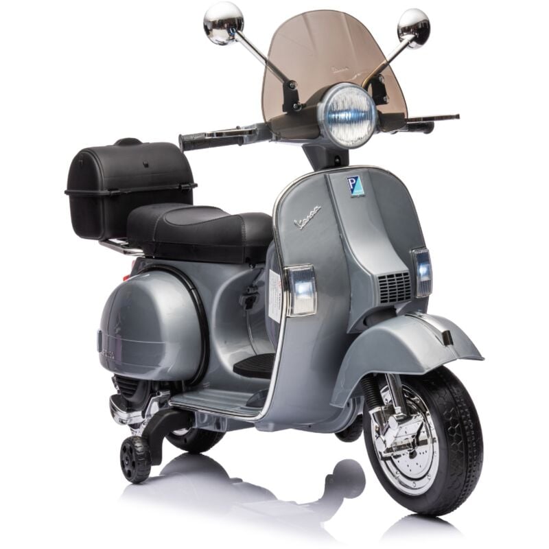 foto del prodotto tecnobike shop moto scooter elettrico per bambini piaggio vespa px150 full con parabrezza e bauletto 12v grigio