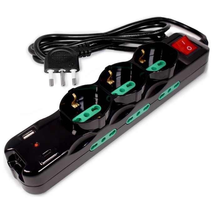 foto del prodotto tecnoware power systems multipresa power cleaner 9 3 prese schuko-italia 10-16a 6 prese italia 10-16a usb-a e usb-c quick charger 3.0 interruttore luminoso nero