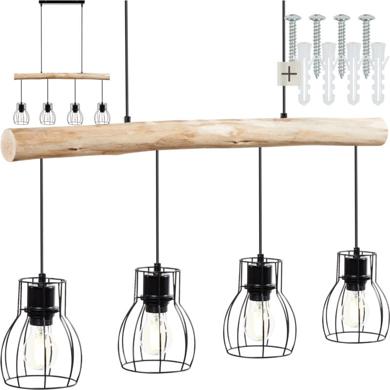 foto del prodotto tectake lampadario woody, 4 fiamme, con trave in legno, 40 w lampada a sospensione, lampada pendente cucina, lampada pendente da soffitto
