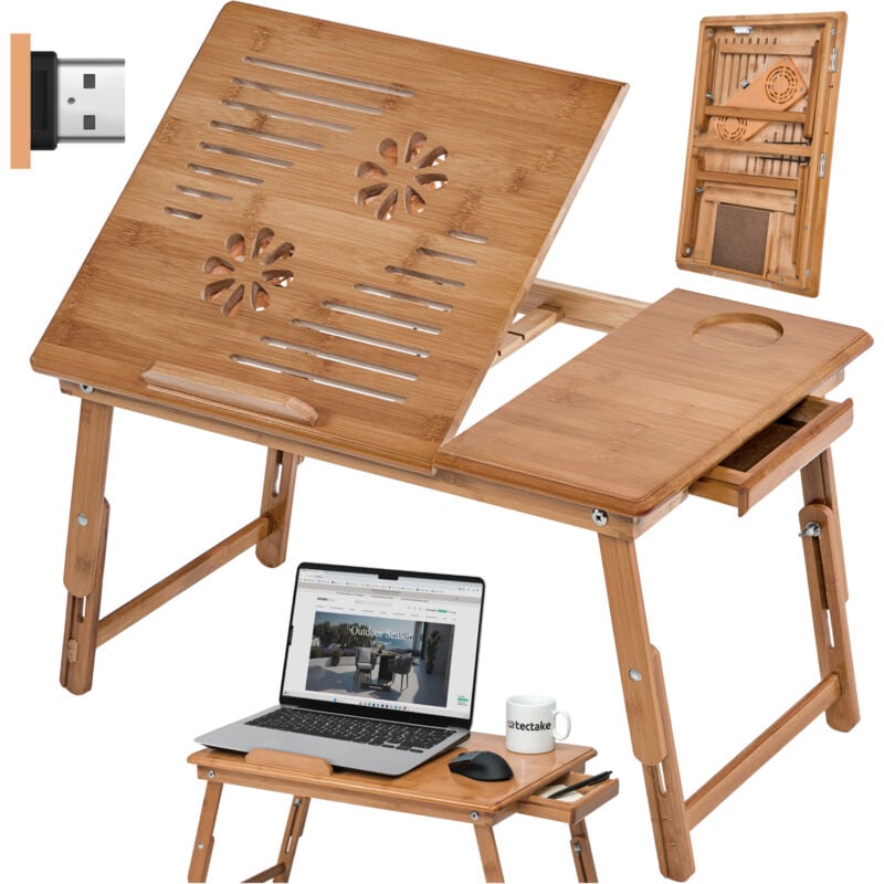 foto del prodotto tectake tavolino porta pc da letto 55x35x26cm, in legno, regolabile con ventole usb doppie porta pc, tavolo pc, tavolo computer