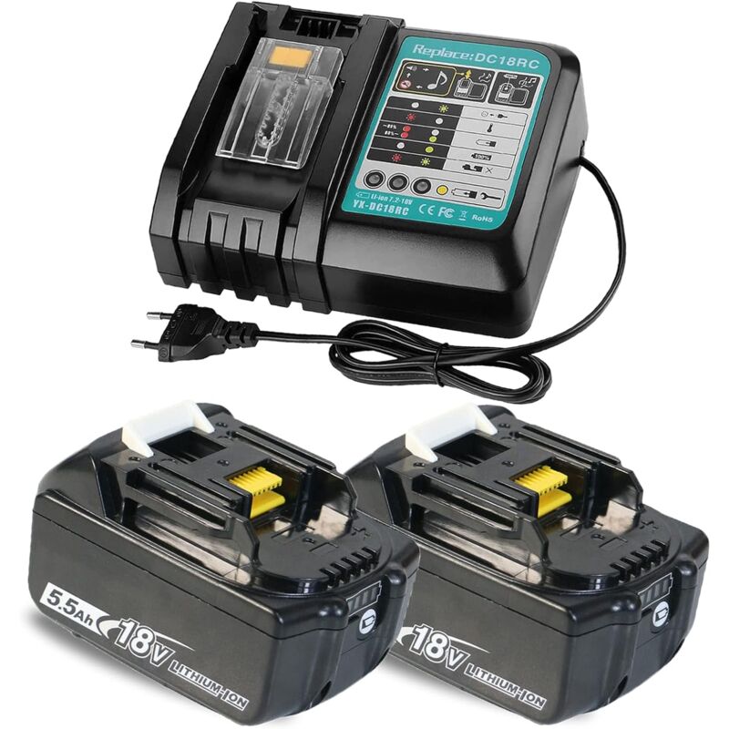 foto del prodotto teetok 18v 5.5ah batteria , con schermo led bl1850 bl1840 bl1860 lxt e caricabatterie sostitutivo dc18rc 14.4v 18v 2 batterie e 1