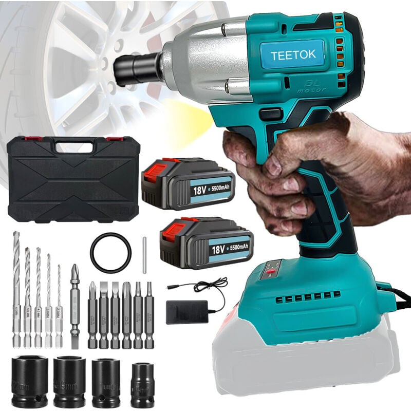 foto del prodotto teetok avvitatore a impulsi, avvitatore a batteria brushless 3 in 1 con driver da 1 2 coppia 450nm con 4prese, 2batterie da