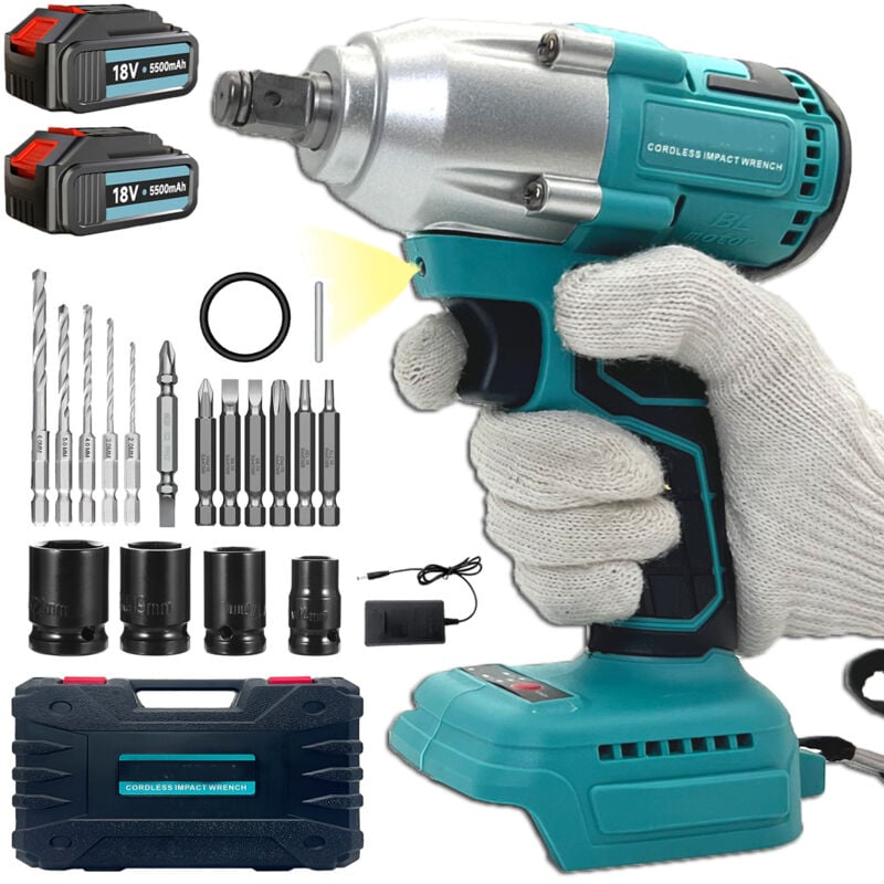 foto del prodotto teetok avvitatore a percussione, avvitatore a batteria 3 in 1, trapano, cacciavite a cricchetto, presa da 1 2 14 17 19 22 mm , 450 nm, 2 batterie