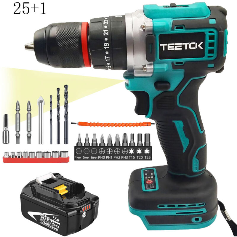 foto del prodotto teetok drill, broom, driver of hammer 18v hammer 25 1 con set di perforazione batteria da 5500 mah caricabatterie non incluso , compatibile