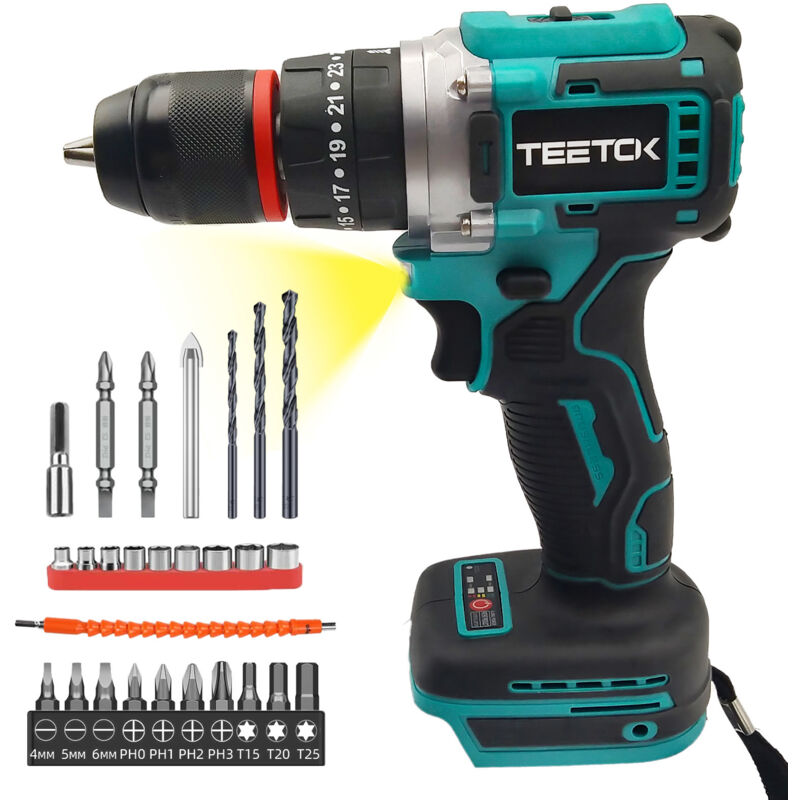 foto del prodotto teetok drill, broom, driver of hammer 18v hammer downing 25 1 con set di bit di perforazione batteria non inclusa , compatibile con la batteria