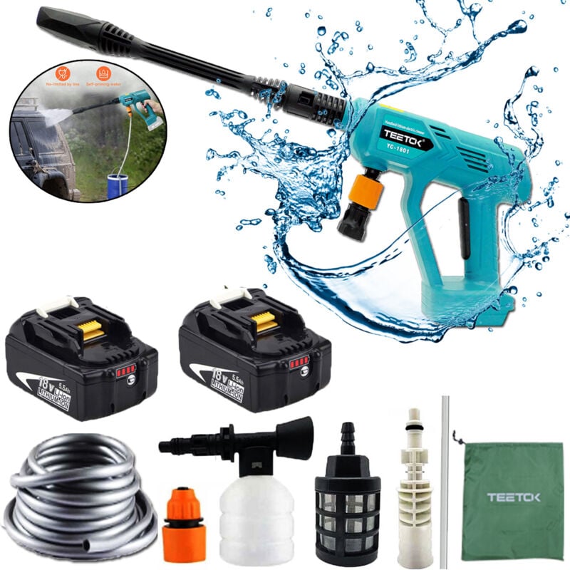 foto del prodotto teetok idropulitrice ad alta pressione senza fili, pistola a spruzzo d acqua ad alta pressione per autolavaggio batteria 2x5,5 ah, compatibile