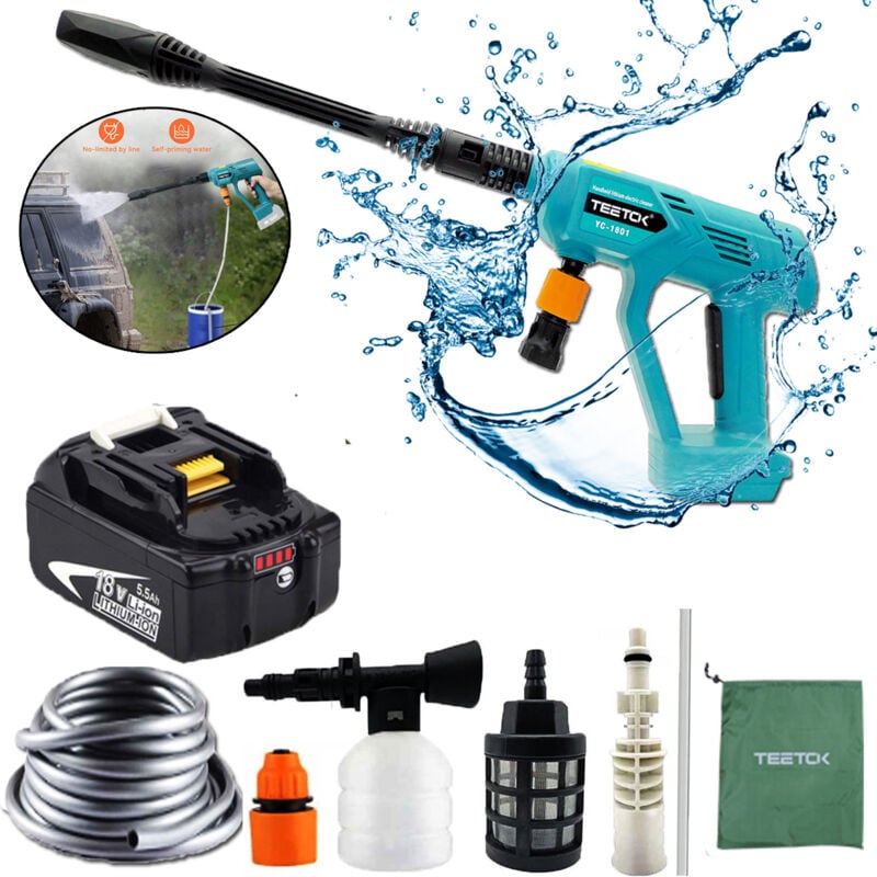 foto del prodotto teetok idropulitrice ad alta pressione senza fili, pistola a spruzzo d acqua ad alta pressione per autolavaggio batteria da 5,5 ah, compatibile