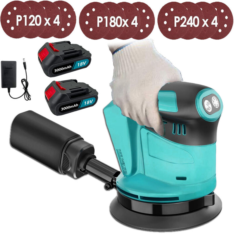 foto del prodotto teetok levigatrice orbitale casuale senza spazzole a batteria, compatibile con batteria makita, con 12 fogli abrasivi da 125 mm 2 batterie da 3.0