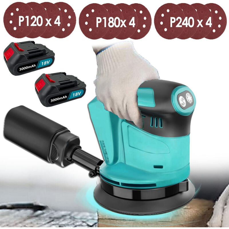 foto del prodotto teetok levigatrice orbitale casuale senza spazzole senza fili, 125 mm, 3 velocit , contenitore per la polvere e 12 dischi 2 batterie da 3.0 ah 