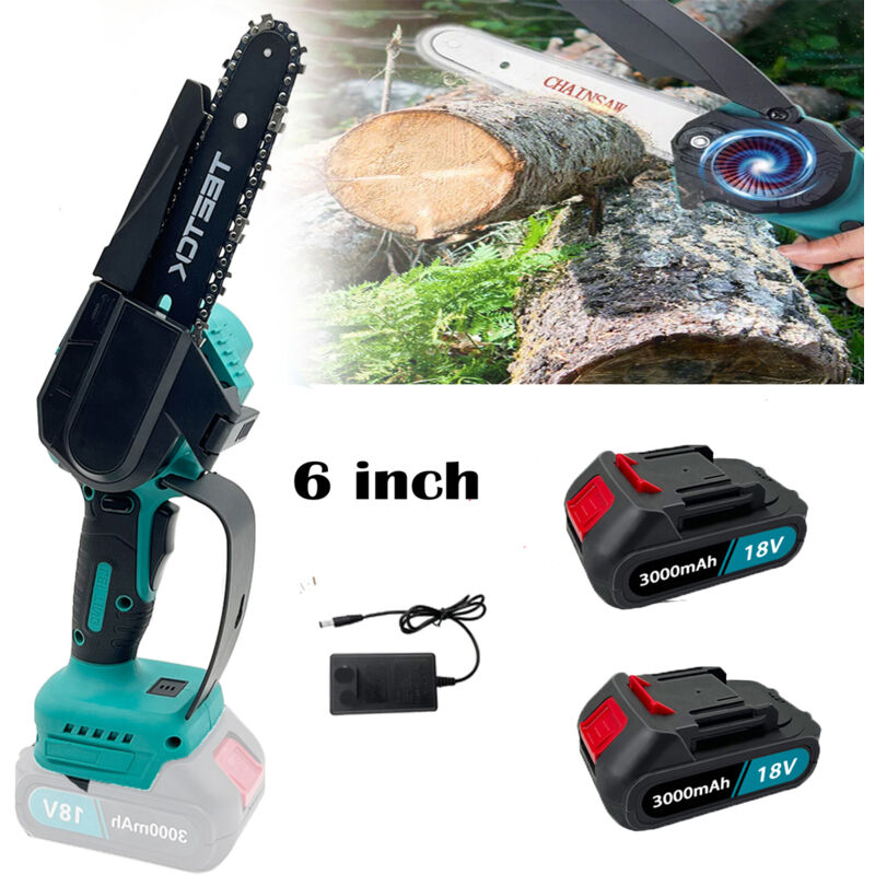 foto del prodotto teetok motoseghe a batteria,mini motosega a batteria da 15,2 cm sega elettrica taglierina per legno 2 batterie 3.0a caricabatterie con catene