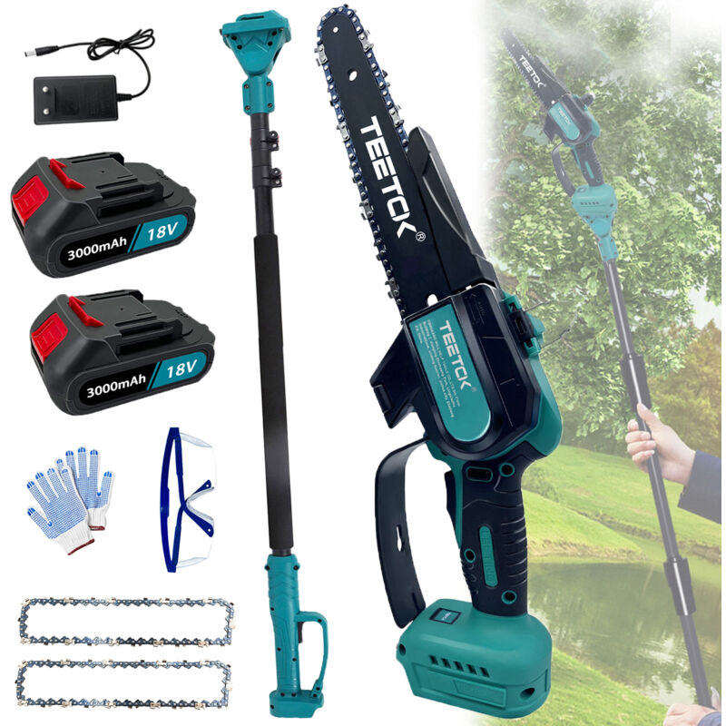 foto del prodotto teetok motoseghe a batteria, motosega telescopica senza fili a lunga portata, potatore per alberi, taglia rami,sega a palo allungabile 2 batterie
