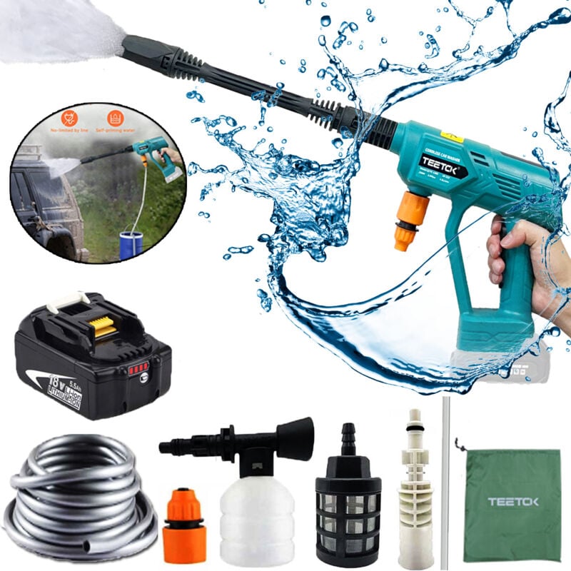 foto del prodotto teetok pistola a spruzzo d acqua per idropulitrice senza fili detergente per autolavaggio a getto resistente 18 v con batteria 1x5,5 a caricatore