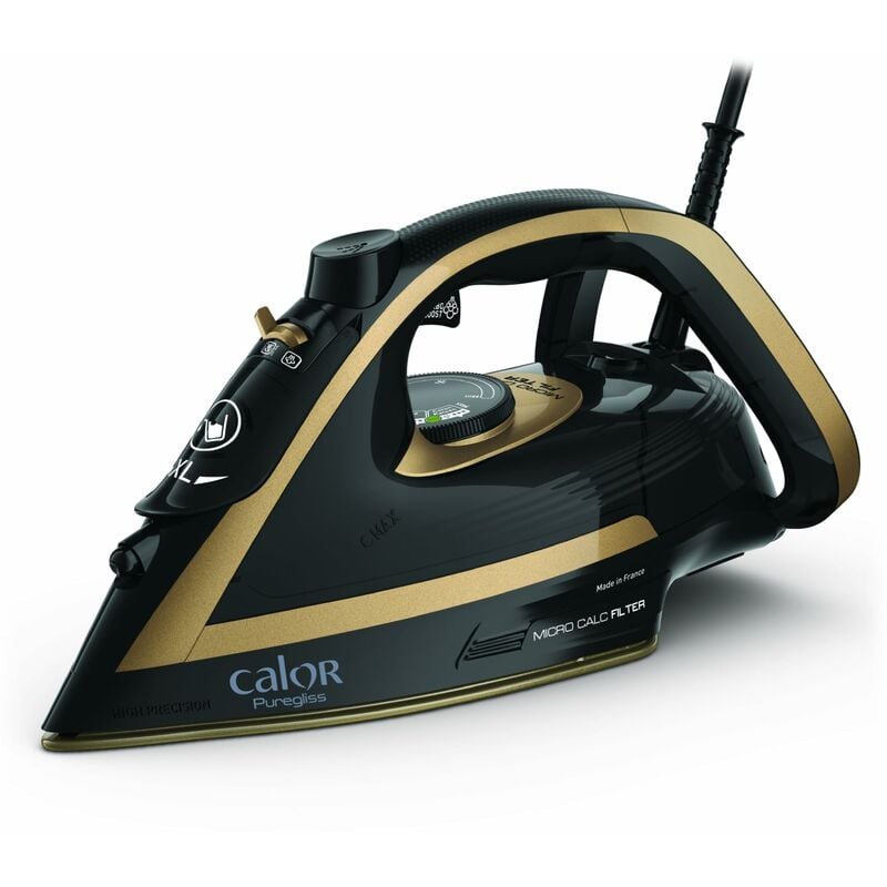 foto del prodotto tefal puregliss ferro a vapore, 3000 watt, colpo di vapore 280 g min, vapore verticale, tecnologia anti macchie, spegnimento automatico, nero oro,