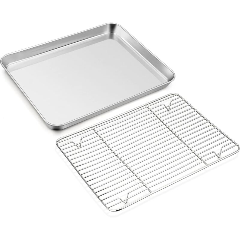 foto del prodotto teglia da forno con griglia di raffreddamento, grande teglia da forno in acciaio inossidabile e griglia per torte, 40 x 30 x 2,5 cm, per cuocere,