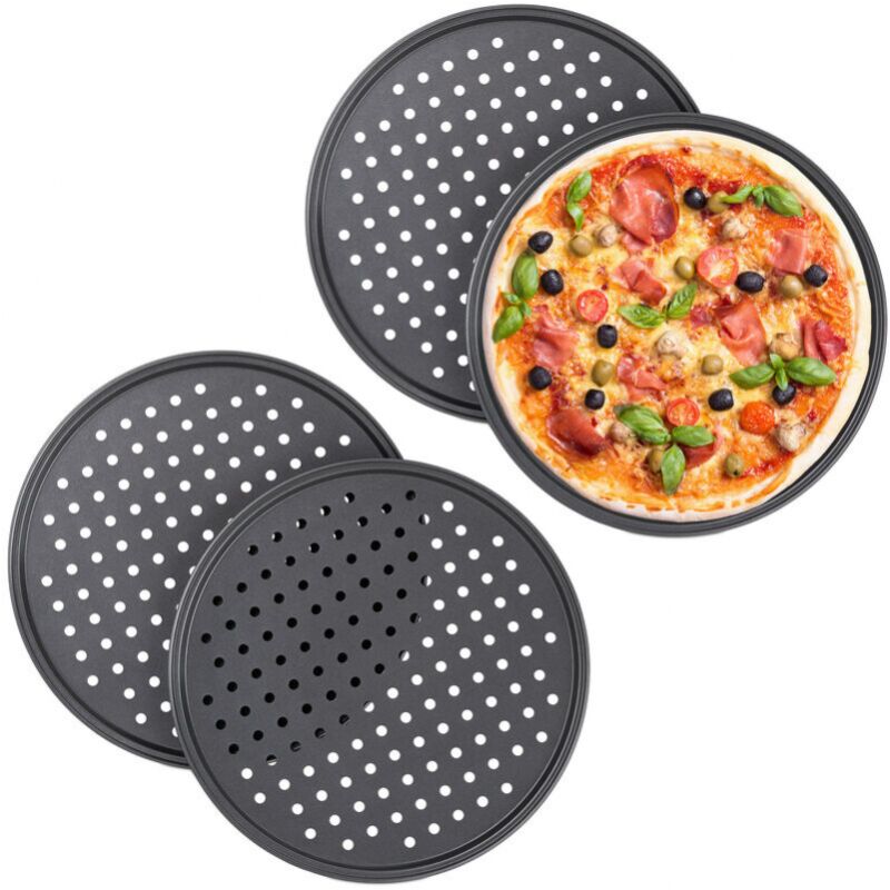 foto del prodotto teglia per pizza, set da 4, rotonda, forata, antiaderente, tarte flamb e, acciaio, stampo, 32 cm, antracite
