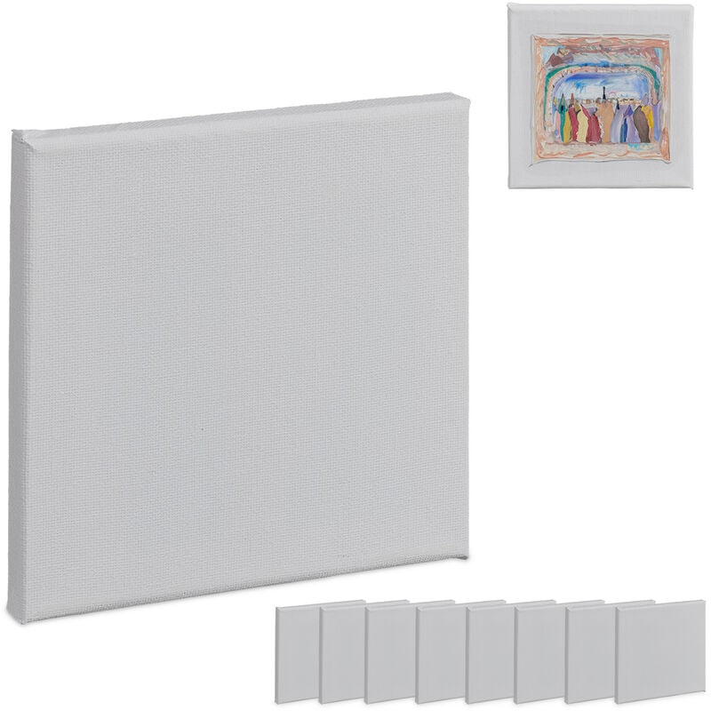 foto del prodotto tela quadrata per pittura acrilica, set 10 canvas da dipingere quadre, per acquerelli, tempere a olio, bianco - relaxdays