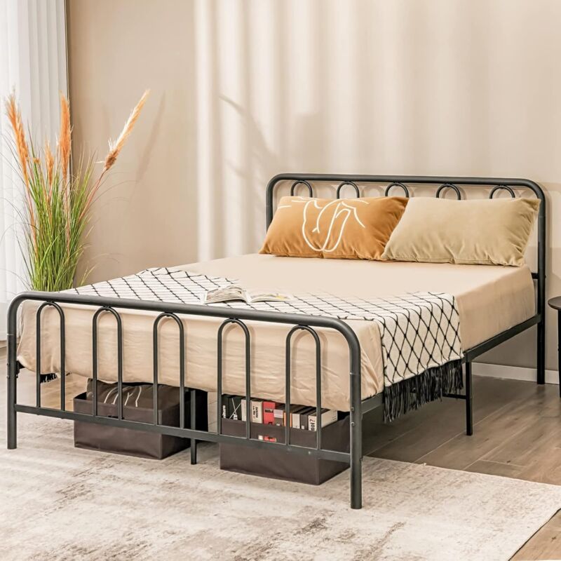foto del prodotto telaio da letto in metallo, struttura letto con testiera e pediera, letto a piattaforma con doghe in acciaio, carico massimo 300kg, nero 200cm x