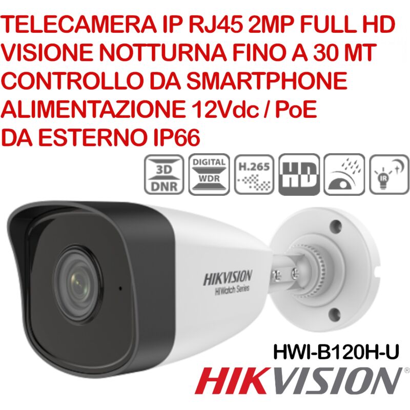 foto del prodotto telecamera bullet hikvision hiwatch hwi b121h m ip 2.0 megapixel full hd, ottica fissa 2.8mm, poe, ip67