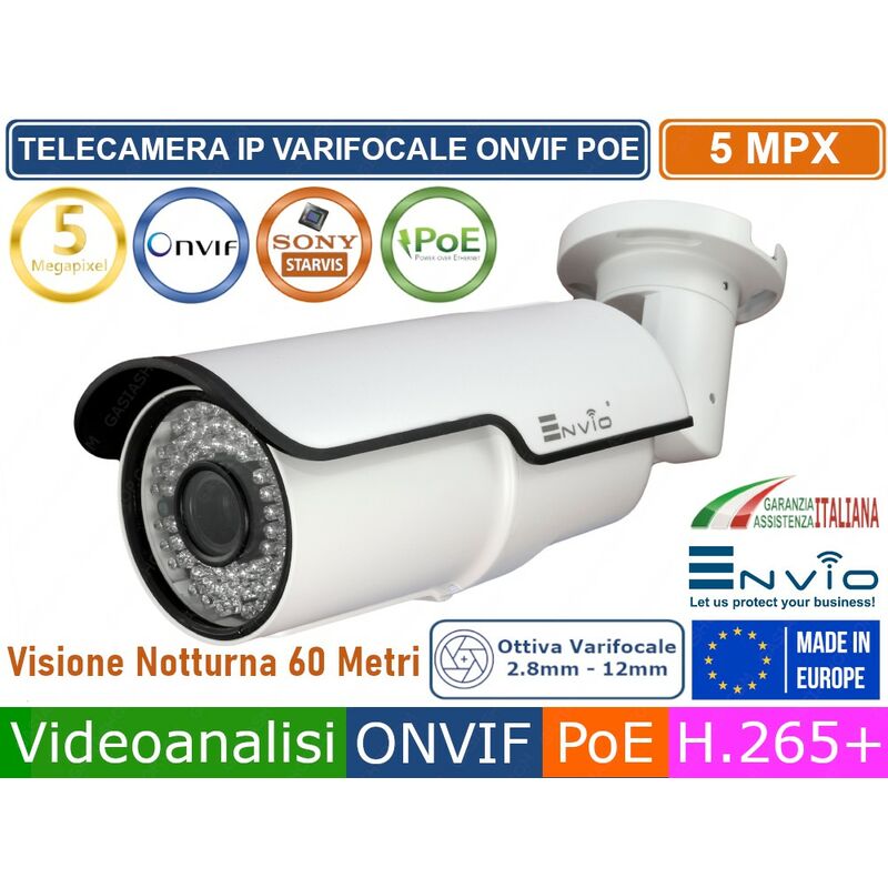foto del prodotto telecamera bullet ip varifocale 5mp megapixel videoanalisi onvif poe h.265 ip66 60 metri