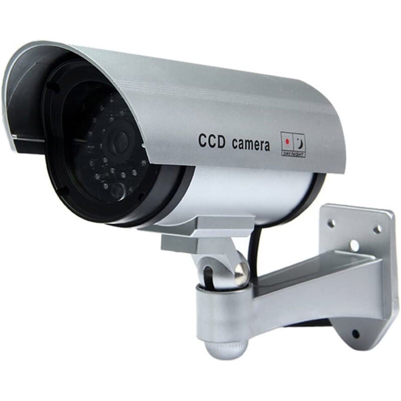 foto del prodotto telecamera di videosorveglianza finta cctv dummy cam da esterno con un led lampeggiante a infrarossi e staffa di montaggio design professionale