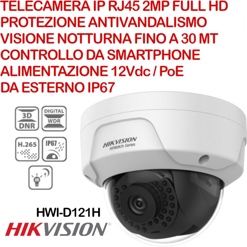 foto del prodotto telecamera dome antivandalica hikvision hiwatch hwi d121h ip 2.0 megapixel full hd, ottica fissa 2.8 mm, poe, ip67, ik10