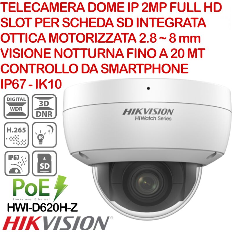 foto del prodotto telecamera dome antivandalica hikvision hiwatch hwi d720h z ip 2.0 megapixel full hd, ottica varifocale motorizzata 2.8 8 mm, slot microsd integrata,
