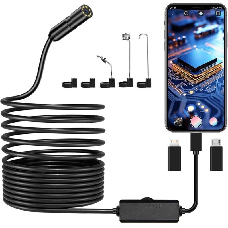 foto del prodotto telecamera endoscopica, telecamera per ispezione tubi hd 1920p, telecamera endoscopica ip67 con 8 luci led, cavo semirigido da 5 m per iphone ios