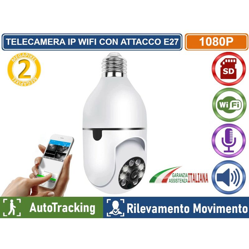 foto del prodotto telecamera ip wifi alimentazione con attacco e27 full hd 2 mp visione notturna a colori ptz autotracking
