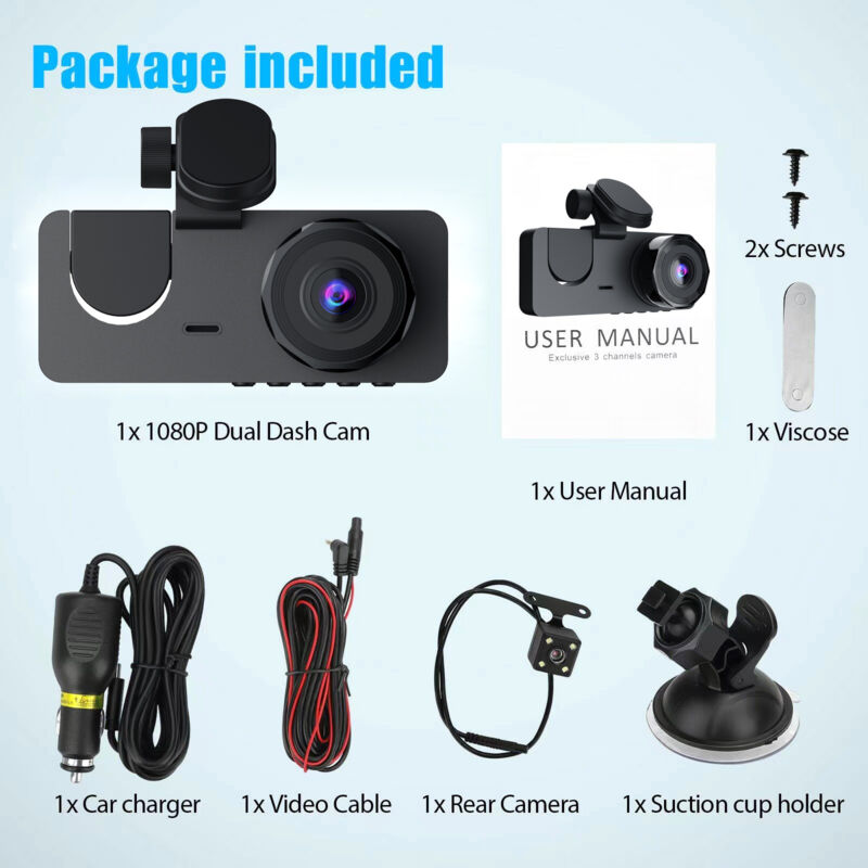 foto del prodotto telecamera per auto 1080p anteriore e posteriore, telecamera per auto gps wi fi, telecamera per auto a 3 canali, grandangolo 170 , visione notturna,