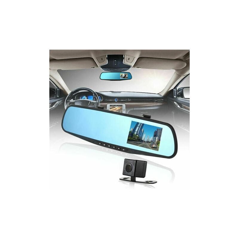 foto del prodotto telecamera per auto dvr con schermo da 4,3 pollici, doppia lente 1080p, specchietto retrovisore con telecamera di backup