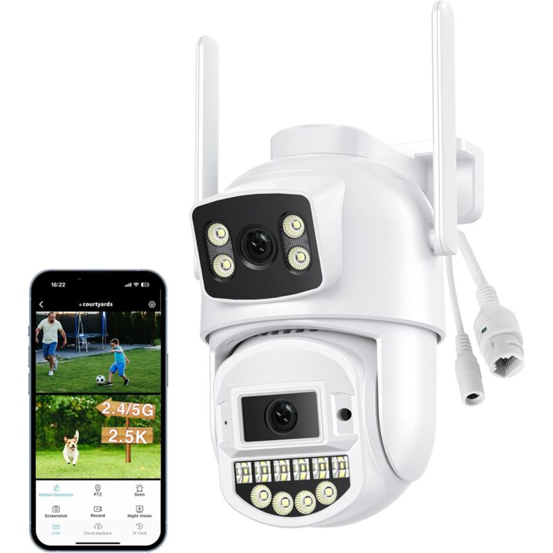 foto del prodotto telecamera per esterni 2.5k, doppio obiettivo, 2.4 5ghz, telecamera per esterni cablata, ethernet, telecamera di sorveglianza wi fi con visione