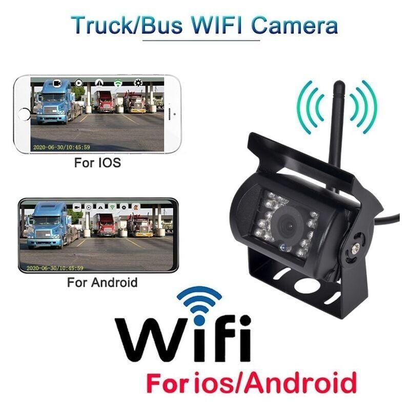 foto del prodotto telecamera posteriore wireless wi-fi hd 12v-24v per camion, grandangolo da 170 gradi, distanza di trasmissione di 50 m, visione notturna impermeabile
