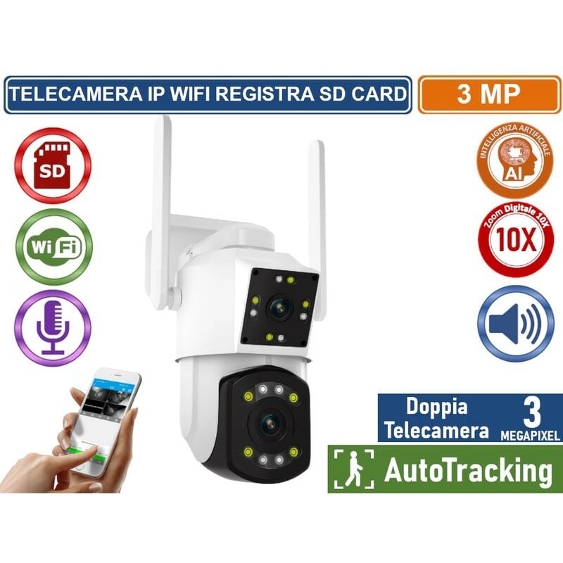 foto del prodotto telecamera speed dome motorizzata ip wifi doppia telecamera digital zoom 10x registra su sd card 3mp con audio bidirezionale ip66