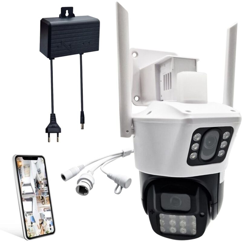 foto del prodotto telecamera wi-fi esterno uhd con visione notturna, rotazione 355 , doppia lente e app wireless, impermeabile ip65, connessione lan ethernet, kit di