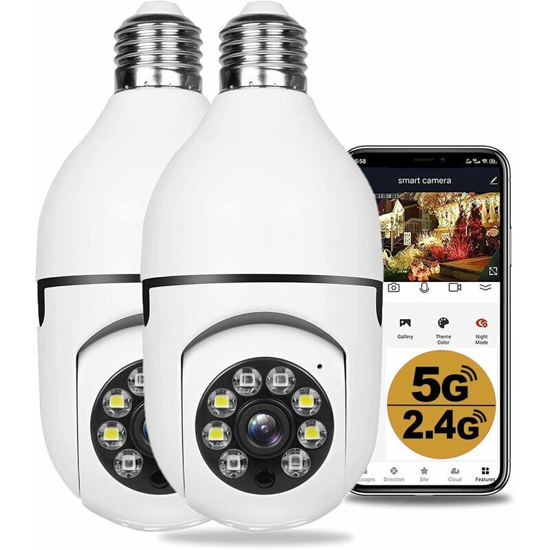 foto del prodotto telecamere di sicurezza wireless da 2 pezzi da 360 gradi telecamere wifi esterne con lampadina telecamere wireless 1080p per la sicurezza domestica