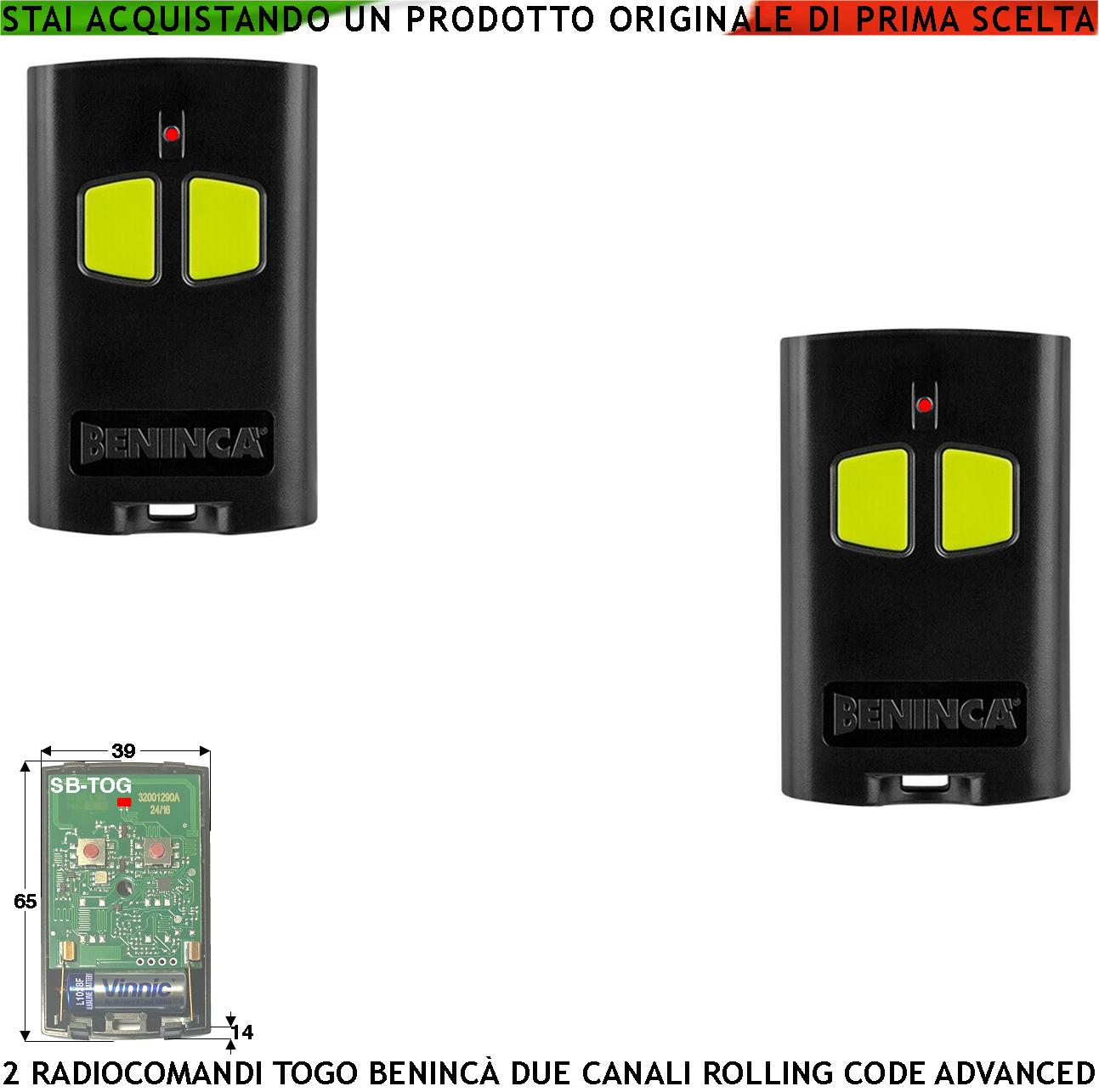 foto del prodotto telecomandi 2 radiocomando 2 canali fr. 433,92 mhz portata 60/100 mt to.go codice sicurezza advanced rolling code 128 bit batteria 12v 23a contenitore abs nero tasti gialli comando automatismo benincà