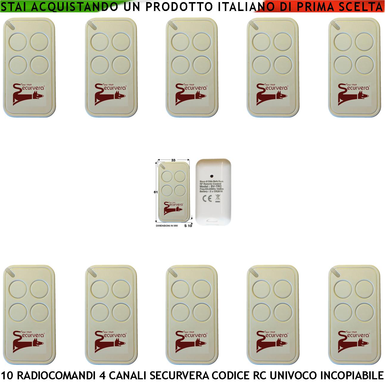 foto del prodotto telecomandi securvera 10 pezzi frequenza di trasmissione 433,92 mhz 4 canali potenza trasmessa 1 mw codifica di sicurezza univoca led segnalazione trasmissione