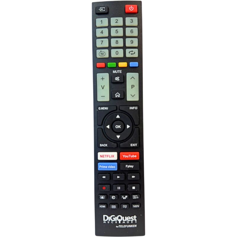 foto del prodotto telecomando compatibile con tv a marchio telefunken, vestel e beko tasti fluorescenti e dedicati alle piattaforme streaming i gi configurato e
