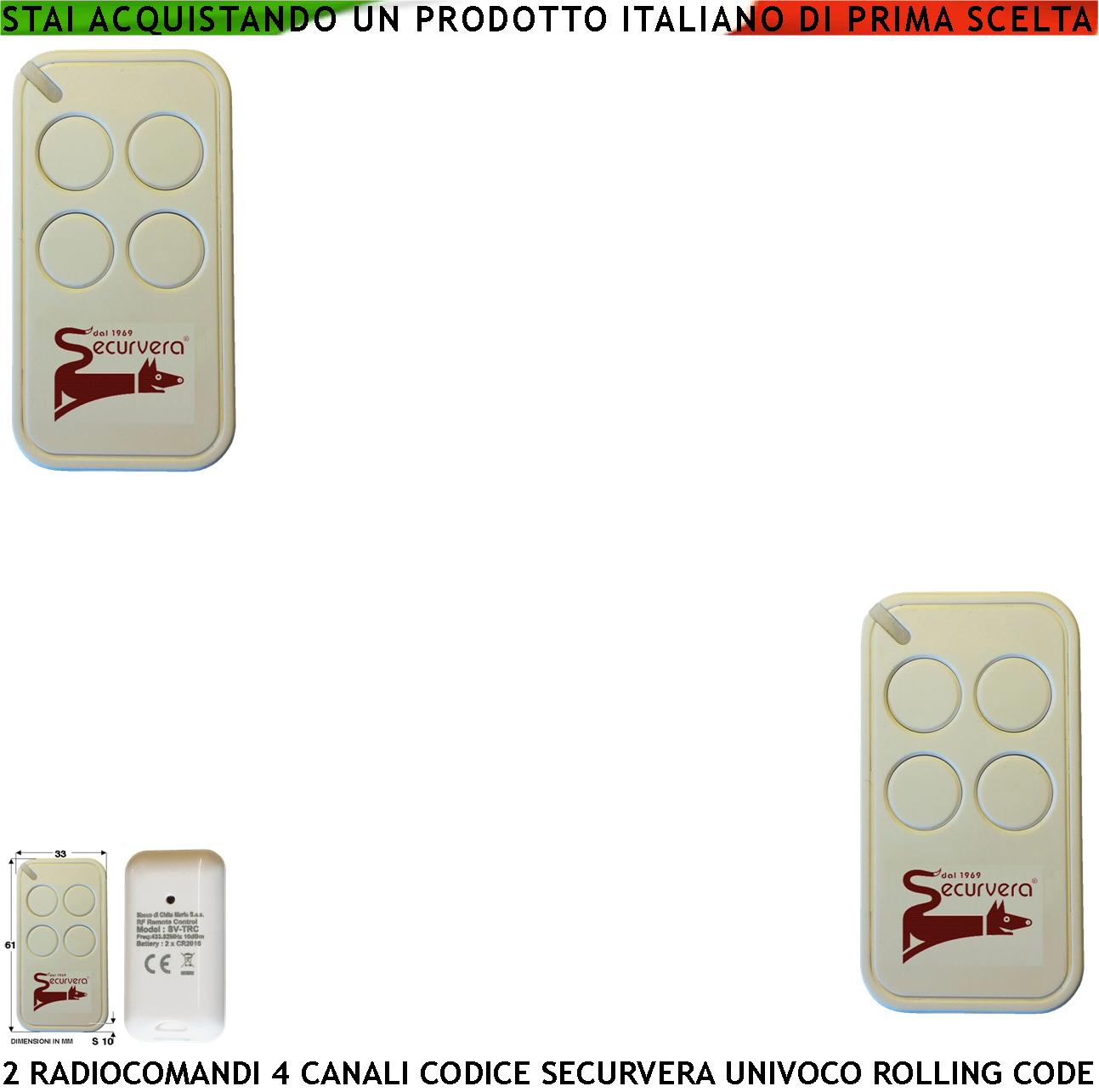 foto del prodotto telecomando quadricanale 2 pezzi frequenza di trasmissione 433,92 mhz potenza trasmessa 1 mw codifica di sicurezza univoca securvera a 66 bit led segnalazione