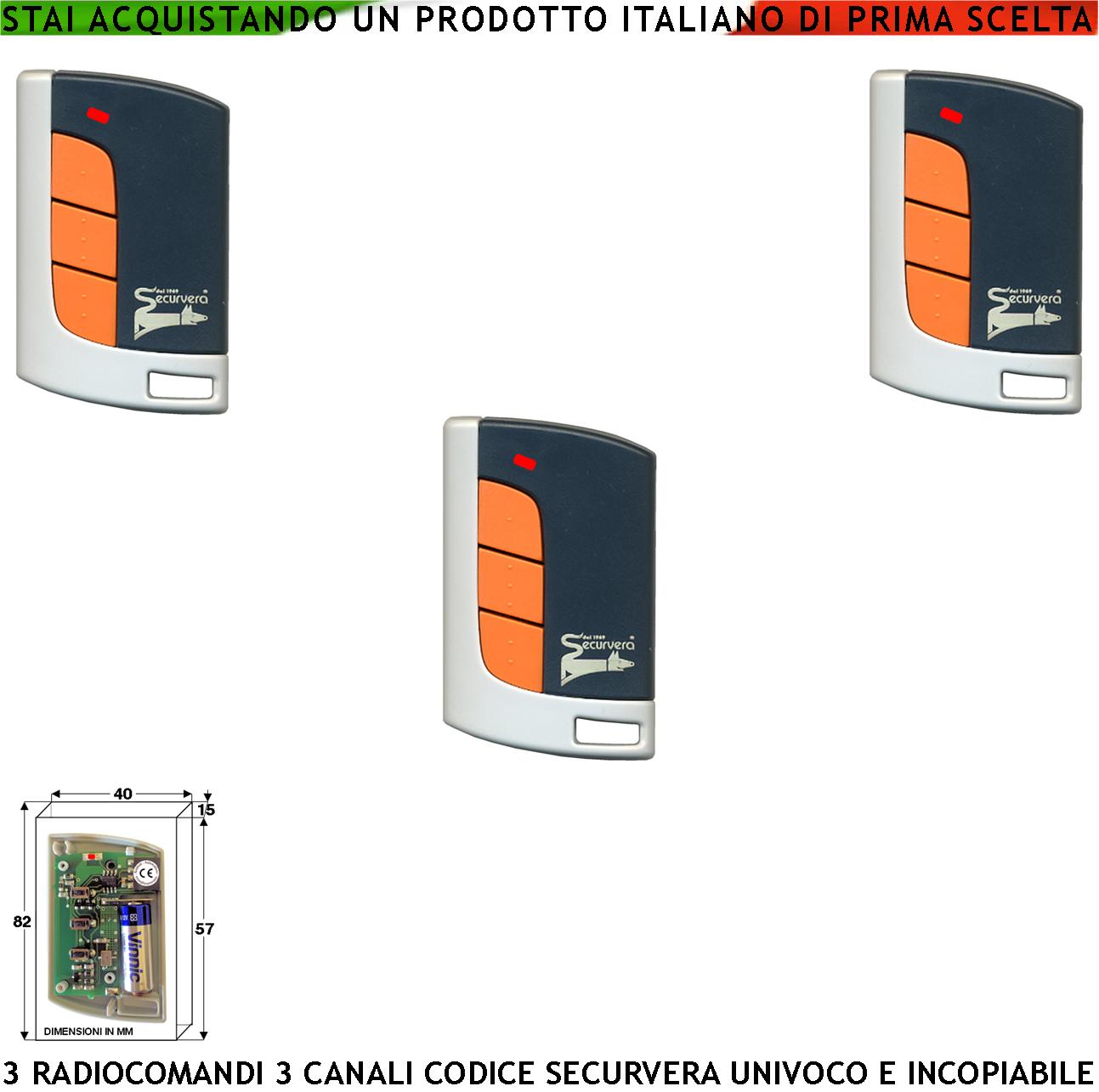 foto del prodotto telecomando radiocomando 3 canali frequenza 433,92 mhz potenza 1 mw 3 pezzi portata aria libera 60 100 mt codice sicurezza securvera rolling code 66 bit batteria 12v 23a contenitore abs tasti numerati