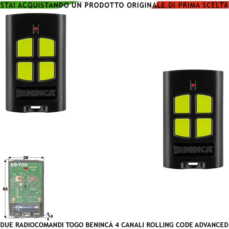 foto del prodotto telecomando radiocomando 4 canali freq. 433,92 mhz 2 pezzi portata radio 60 100 mt to.go codice advanced rolling code 128 bit batteria 12 v 23a cover