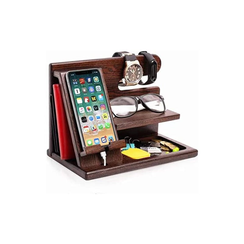 foto del prodotto telefono in legno docking station supporto multifunzionale portachiavi portafoglio orologio organizzatore uomo matrimonio compleanno pap regali di