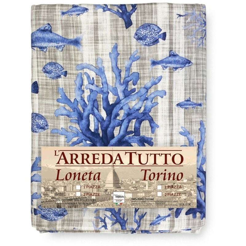 foto del prodotto telo arredo copritutto gran foulard copriletto copridivano pesci mare marino blu 1 piazza