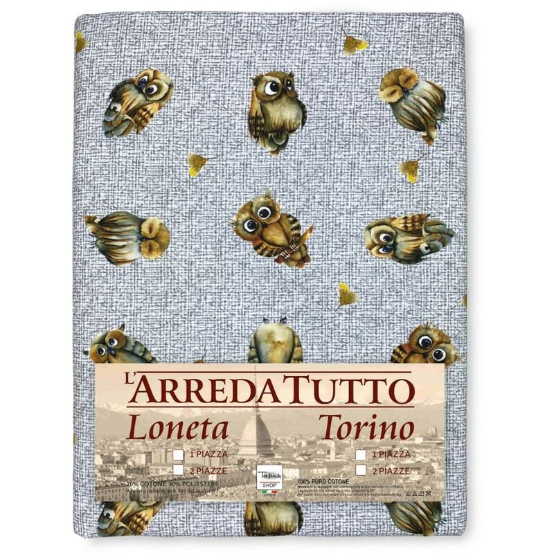 foto del prodotto telo arredo copritutto gran foulard copriletto copridivano tessuto digity gufi gufetti grigio in puro cotone 1 piazza