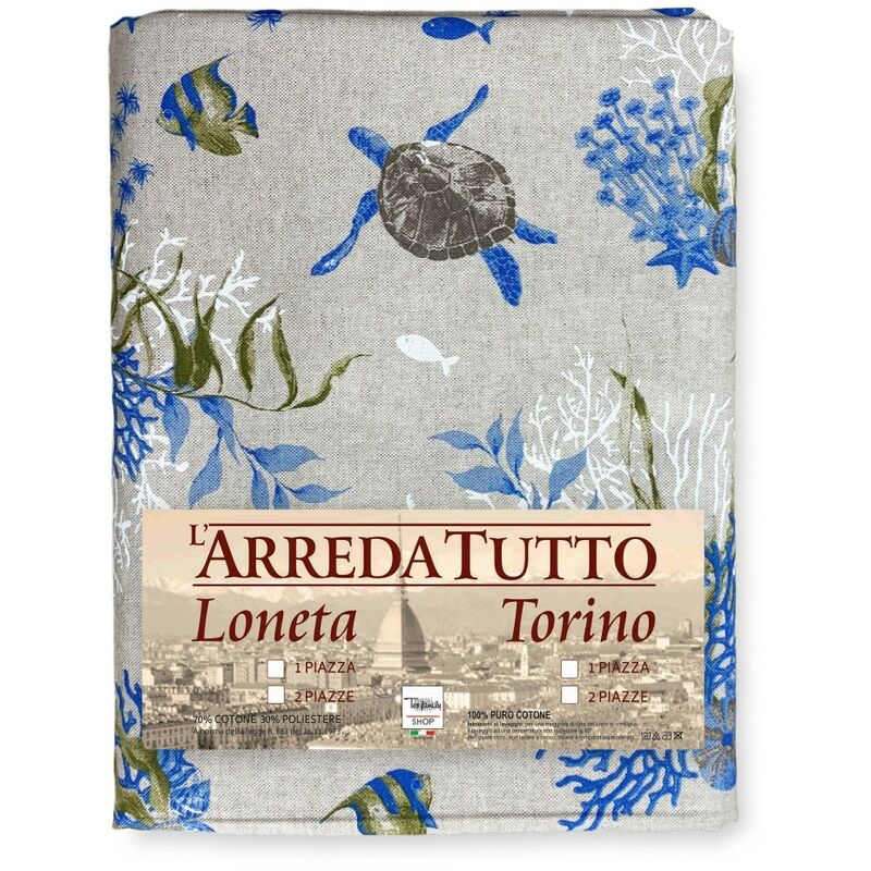 foto del prodotto telo arredo copritutto gran foulard copriletto copridivano tessuto dory tartarughe e coralli blu 1 piazza