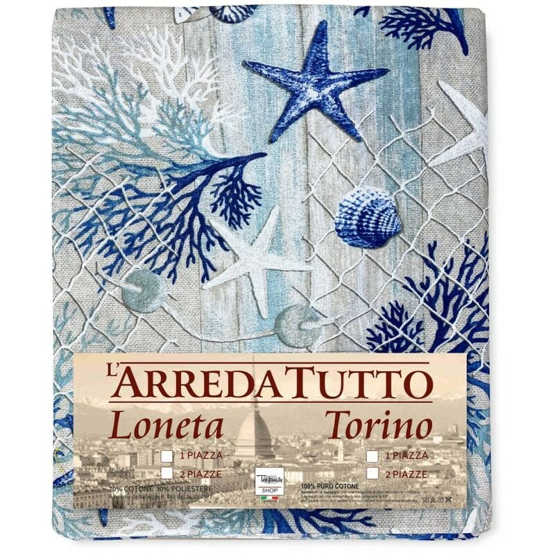foto del prodotto telo arredo copritutto gran foulard copriletto copridivano tessuto loneta mare marino coralli blu 2 piazze