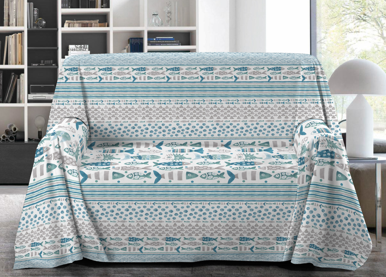 foto del prodotto telo arredo granfoulard copritutto salvadivano 100 cotone disegno pesci singolo azzurro